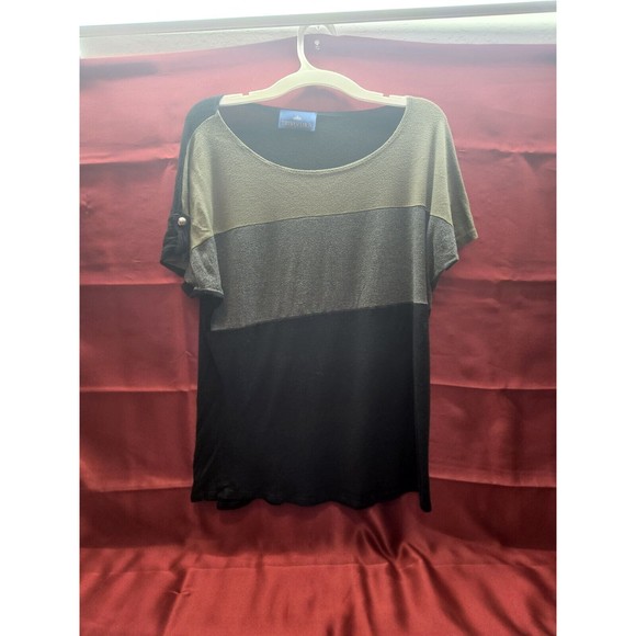 LALA Khaki Women's Size Large Blouse Black Gray Green Color Block Gold Button - Picture 3 of 6